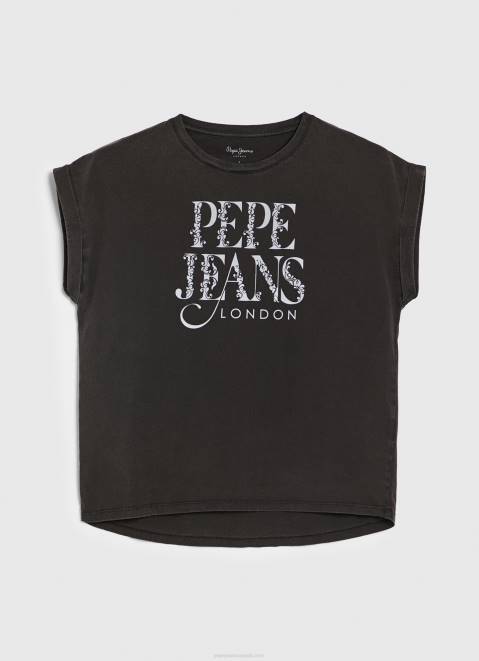 Pepe Jeans Floral Logo Cotton T-Shirt Women Washed Black Z22X403