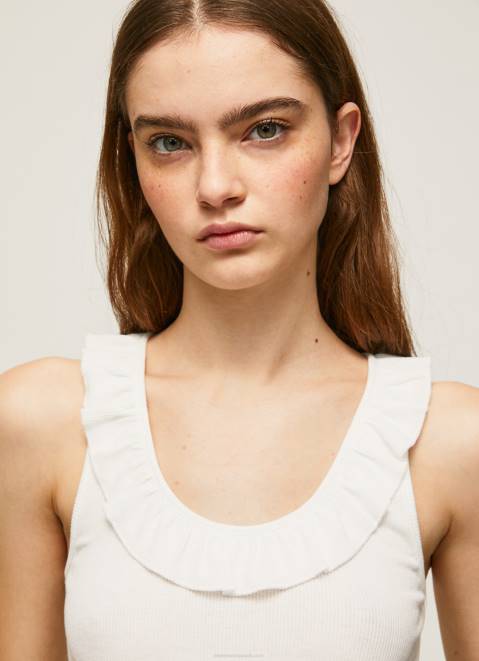 Pepe Jeans Frilled Neckline T-Shirt Women White Z22X390