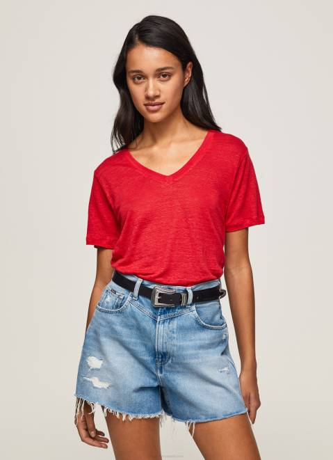 Pepe Jeans Linen V-Neck T-Shirt Women Studio Red Z22X465