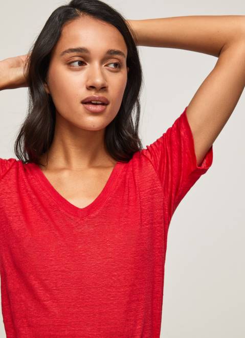 Pepe Jeans Linen V-Neck T-Shirt Women Studio Red Z22X465