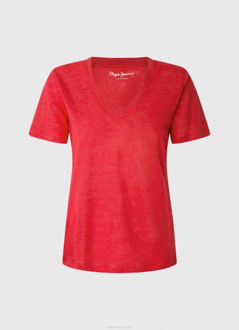 Pepe Jeans Linen V-Neck T-Shirt Women Studio Red Z22X465