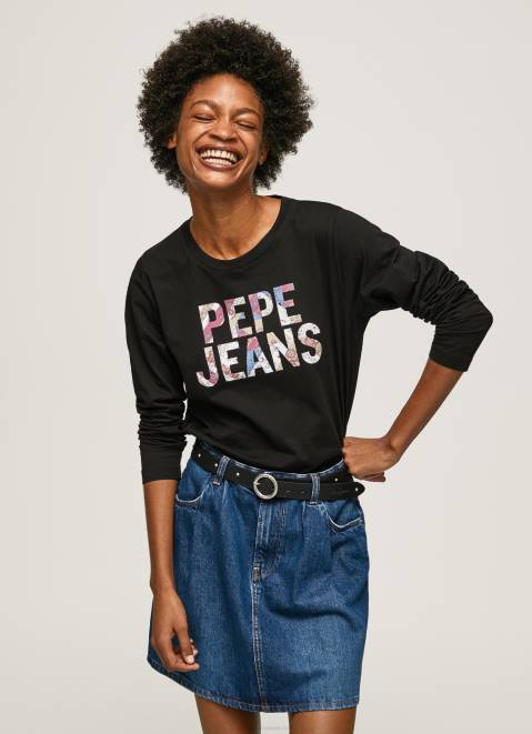 Pepe Jeans Logo Patched Long Sleeved T-Shirt Women Black Z22X426