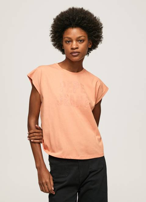 Pepe Jeans Logo Print T-Shirt Women Peach Z22X434