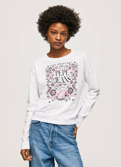 Pepe Jeans Long Sleeve T-Shirt With Maxi Logo Women White Z22X389