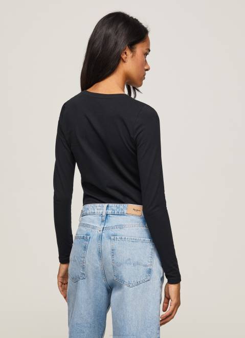 Pepe Jeans Long-Sleeved Cotton T-Shirt Women Black Z22X471