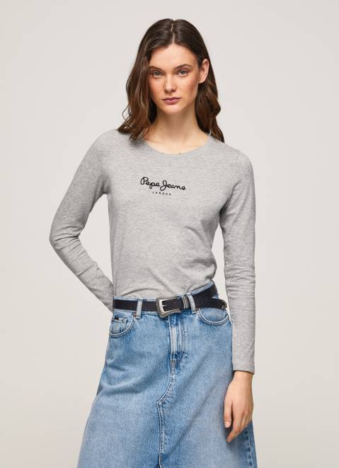 Pepe Jeans Long-Sleeved Cotton T-Shirt Women Grey Marl Z22X473