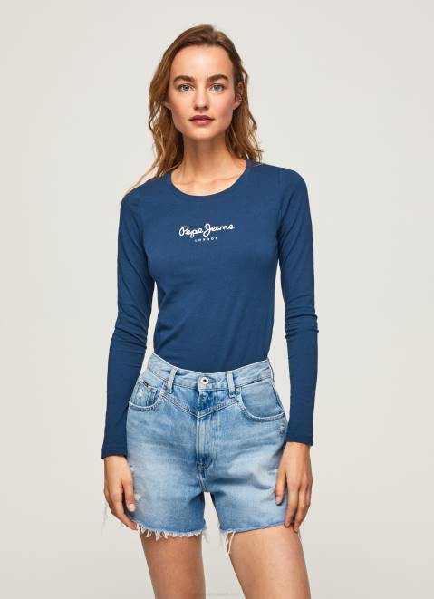 Pepe Jeans Long-Sleeved Cotton T-Shirt Women Navy Z22X472