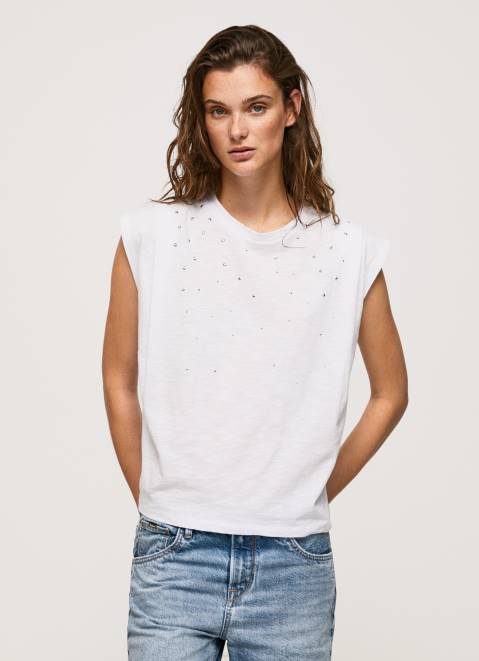 Pepe Jeans Marbled Armhole-Sleeved T-Shirt Women White Z22X409