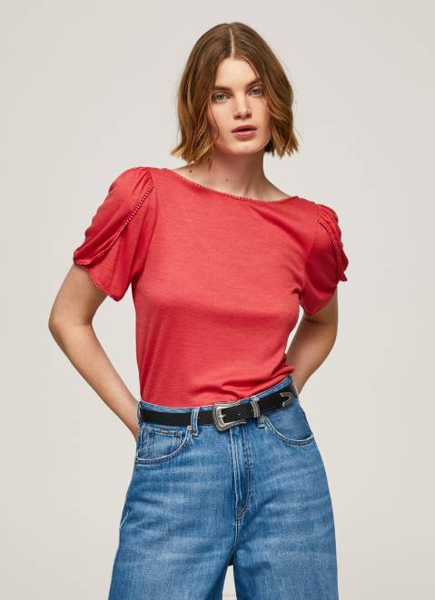 Pepe Jeans Marbled Boat Collar T-Shirt Women Studio Red Z22X435