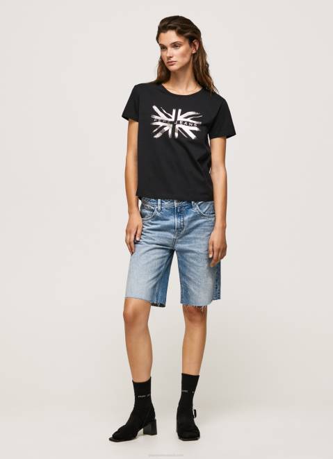 Pepe Jeans Metallic Logo Cotton T-Shirt Women Black Z22X414