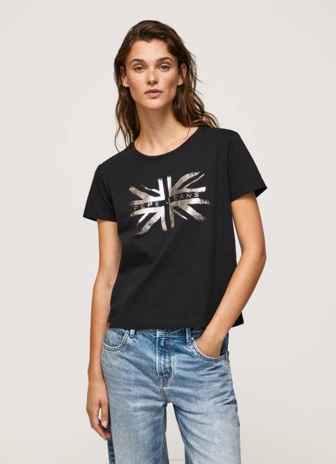 Pepe Jeans Metallic Logo Cotton T-Shirt Women Black Z22X414