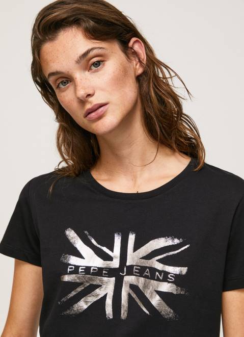 Pepe Jeans Metallic Logo Cotton T-Shirt Women Black Z22X414