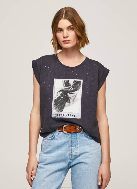 Pepe Jeans Photo Print T-Shirt Women Washed Black Z22X388