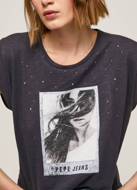 Pepe Jeans Photo Print T-Shirt Women Washed Black Z22X388