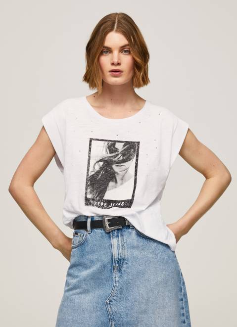Pepe Jeans Photo Print T-Shirt Women White Z22X387