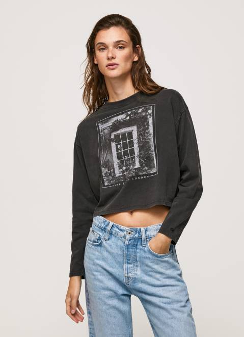 Pepe Jeans Printed Long Sleeved T-Shirt Women Washed Black Z22X427