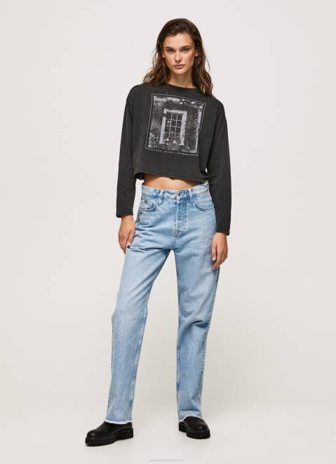 Pepe Jeans Printed Long Sleeved T-Shirt Women Washed Black Z22X427
