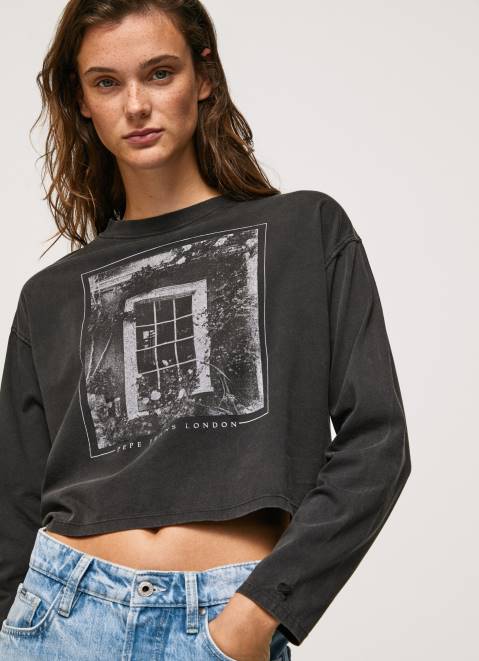 Pepe Jeans Printed Long Sleeved T-Shirt Women Washed Black Z22X427