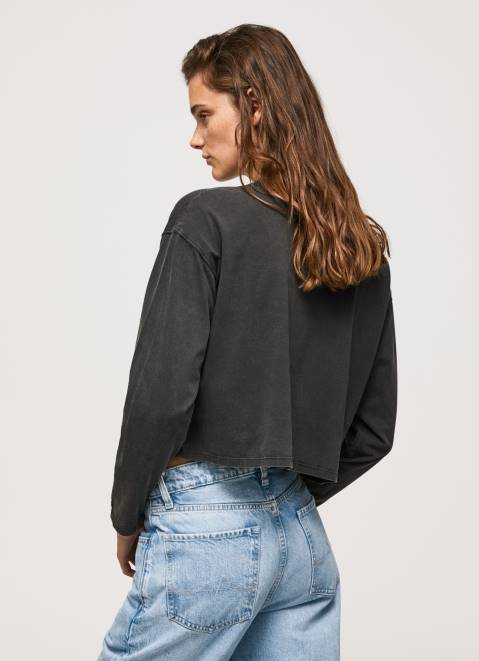 Pepe Jeans Printed Long Sleeved T-Shirt Women Washed Black Z22X427