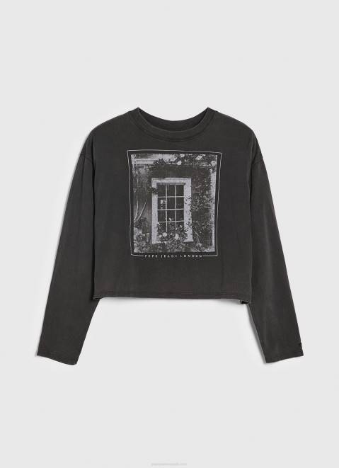 Pepe Jeans Printed Long Sleeved T-Shirt Women Washed Black Z22X427