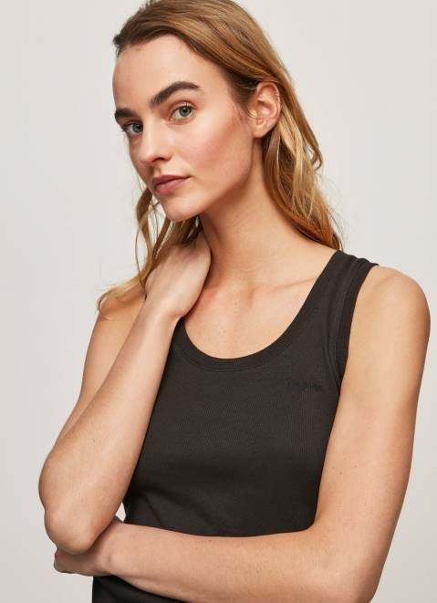 Pepe Jeans Ribbed Armhole-Sleeved T-Shirt Women Black Z22X440