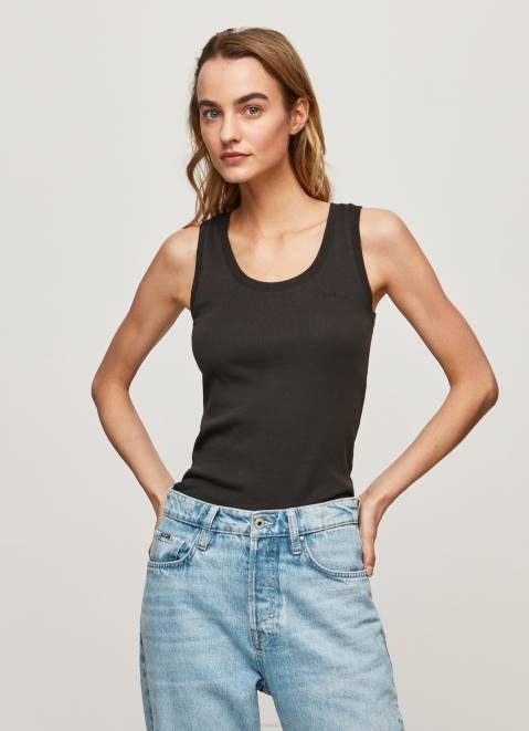 Pepe Jeans Ribbed Armhole-Sleeved T-Shirt Women Black Z22X440