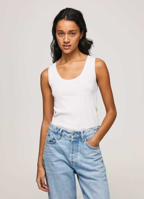 Pepe Jeans Ribbed Armhole-Sleeved T-Shirt Women White Z22X457