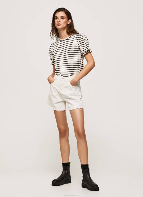 Pepe Jeans Ruffled-Sleeves Striped T-Shirt Women Black Z22X391