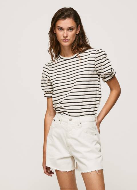 Pepe Jeans Ruffled-Sleeves Striped T-Shirt Women Black Z22X391