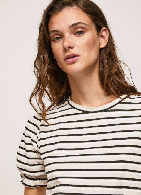 Pepe Jeans Ruffled-Sleeves Striped T-Shirt Women Black Z22X391