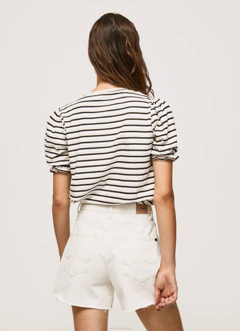 Pepe Jeans Ruffled-Sleeves Striped T-Shirt Women Black Z22X391