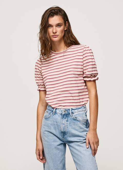 Pepe Jeans Ruffled-Sleeves Striped T-Shirt Women Dark Blush Z22X392