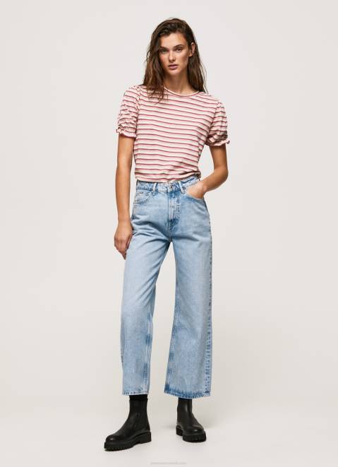 Pepe Jeans Ruffled-Sleeves Striped T-Shirt Women Dark Blush Z22X392
