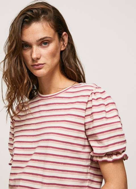 Pepe Jeans Ruffled-Sleeves Striped T-Shirt Women Dark Blush Z22X392