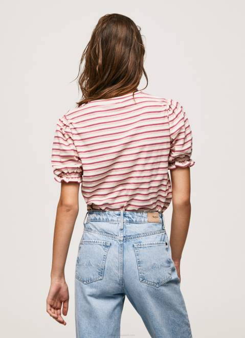 Pepe Jeans Ruffled-Sleeves Striped T-Shirt Women Dark Blush Z22X392