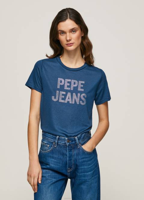 Pepe Jeans Strass Print Logo T-Shirt Women Ocean Z22X443
