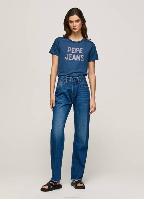 Pepe Jeans Strass Print Logo T-Shirt Women Ocean Z22X443