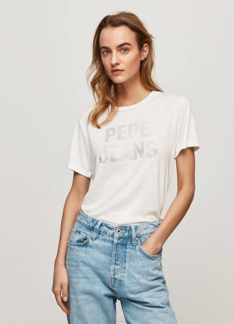 Pepe Jeans Strass Print Logo T-Shirt Women White Z22X451