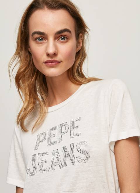 Pepe Jeans Strass Print Logo T-Shirt Women White Z22X451