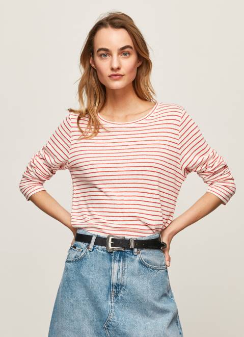 Pepe Jeans Striped Long Sleeved T-Shirt Women Studio Red Z22X395