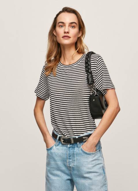 Pepe Jeans Striped Print T-Shirt Women Black Z22X459