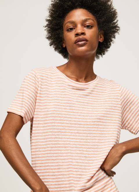 Pepe Jeans Striped Print T-Shirt Women Peach Z22X386