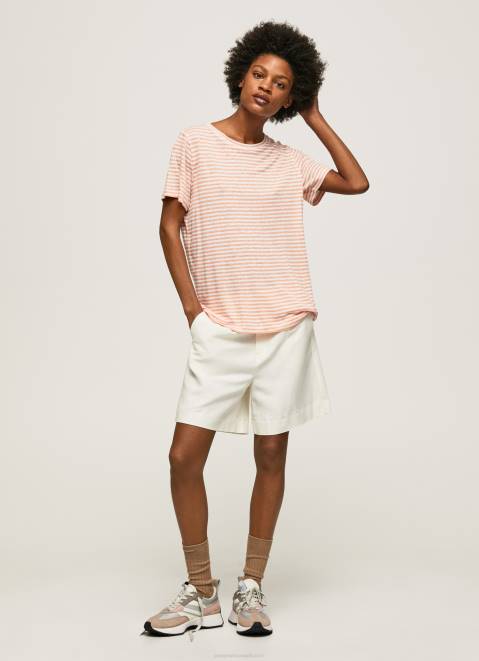 Pepe Jeans Striped Print T-Shirt Women Peach Z22X386