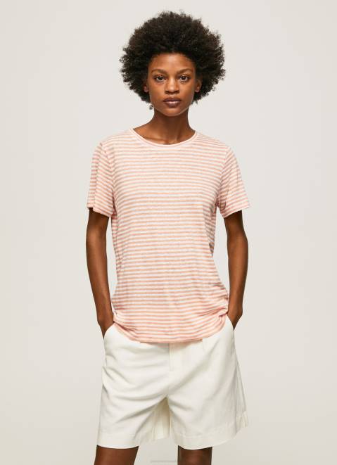 Pepe Jeans Striped Print T-Shirt Women Peach Z22X386