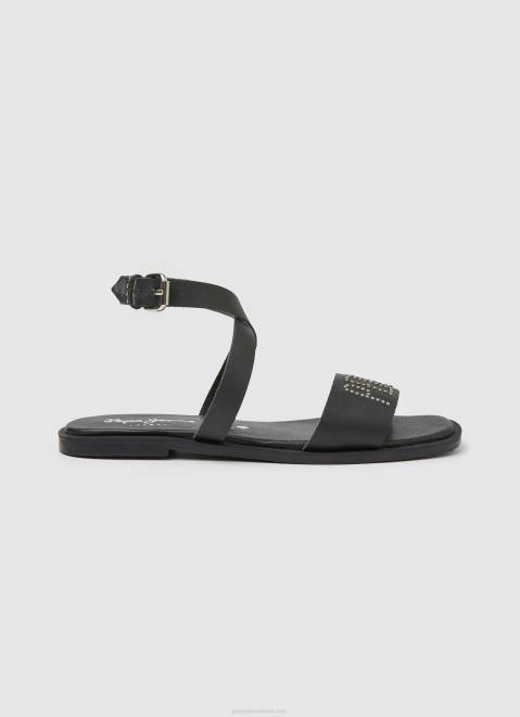 Pepe Jeans Irma Log Flat Leather Sandals Women Black Z22X661