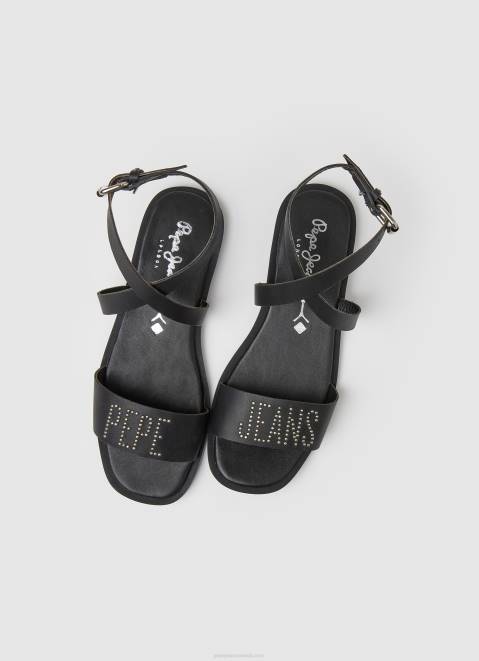 Pepe Jeans Irma Log Flat Leather Sandals Women Black Z22X661