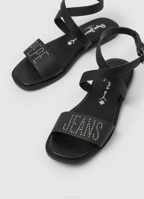 Pepe Jeans Irma Log Flat Leather Sandals Women Black Z22X661