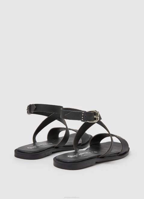 Pepe Jeans Irma Log Flat Leather Sandals Women Black Z22X661