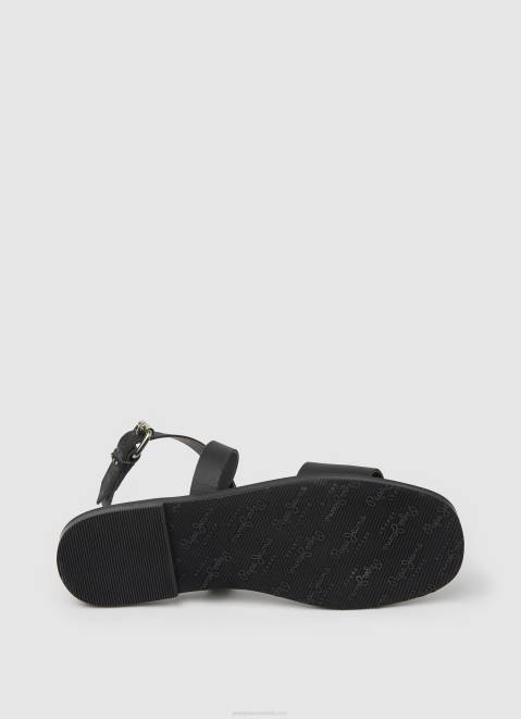 Pepe Jeans Irma Log Flat Leather Sandals Women Black Z22X661