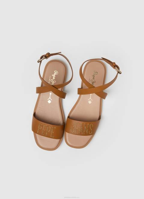 Pepe Jeans Irma Log Flat Leather Sandals Women Tan Z22X660